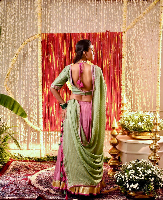 Pink Green Benarasi Brocade Set