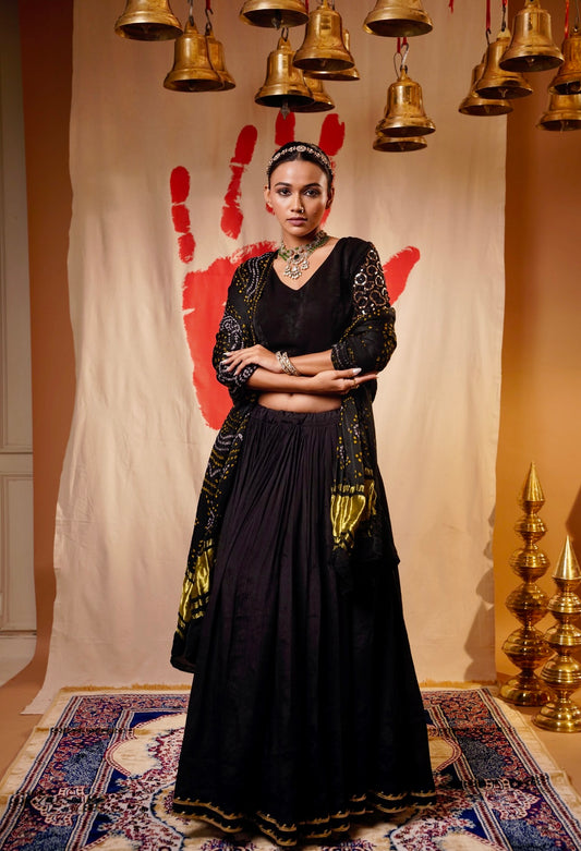 Black Chaniya Choli set with Velvet Blouse