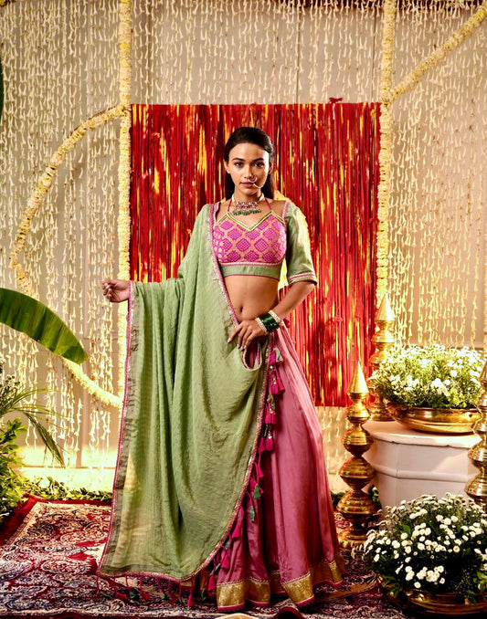 Pink Green Benarasi Brocade Set